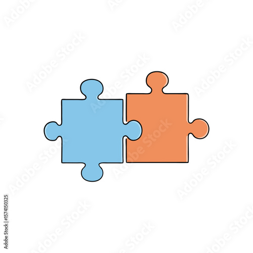 Two happy puzzle pieces connected together isolated on white background
