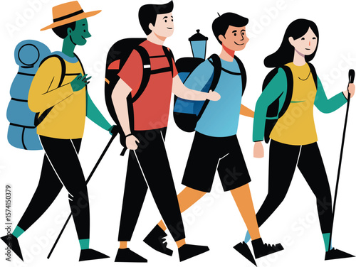 Mixed Group Hiking Together Black Vector Adventure