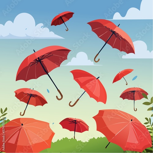 Red umbrellas flying in the wind on cloudy sky background