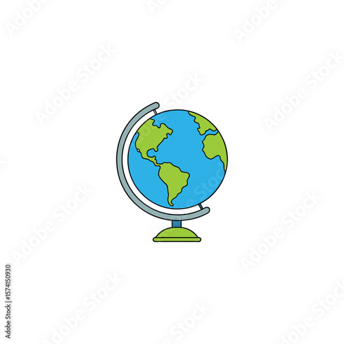 A colorful globe showing continents on a stand, representing the world