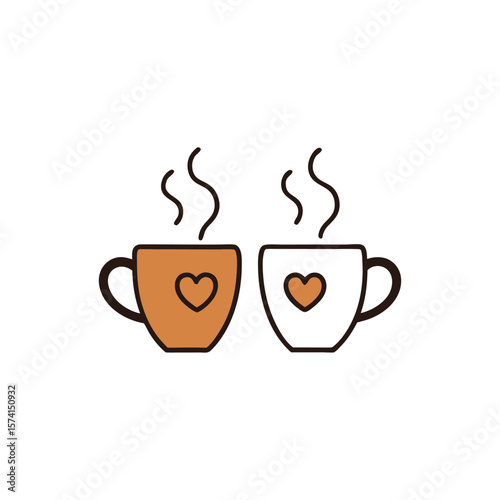 Two steaming coffee cups with hearts, symbolizing love and warmth