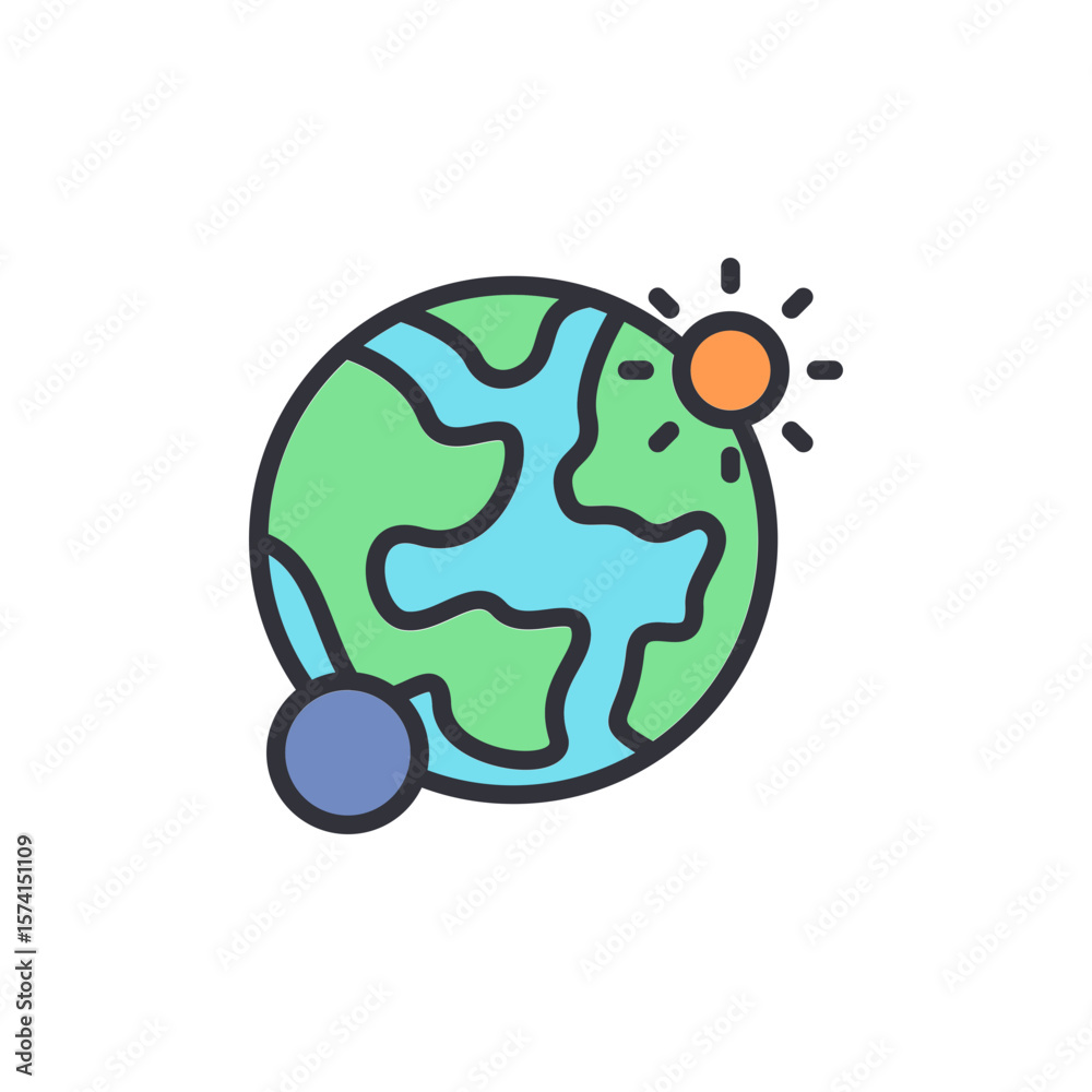 Obraz premium Earth With Orbiting Moon And Sun Depicted In Simplified Style