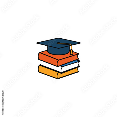 A stack of books with a graduation cap on top