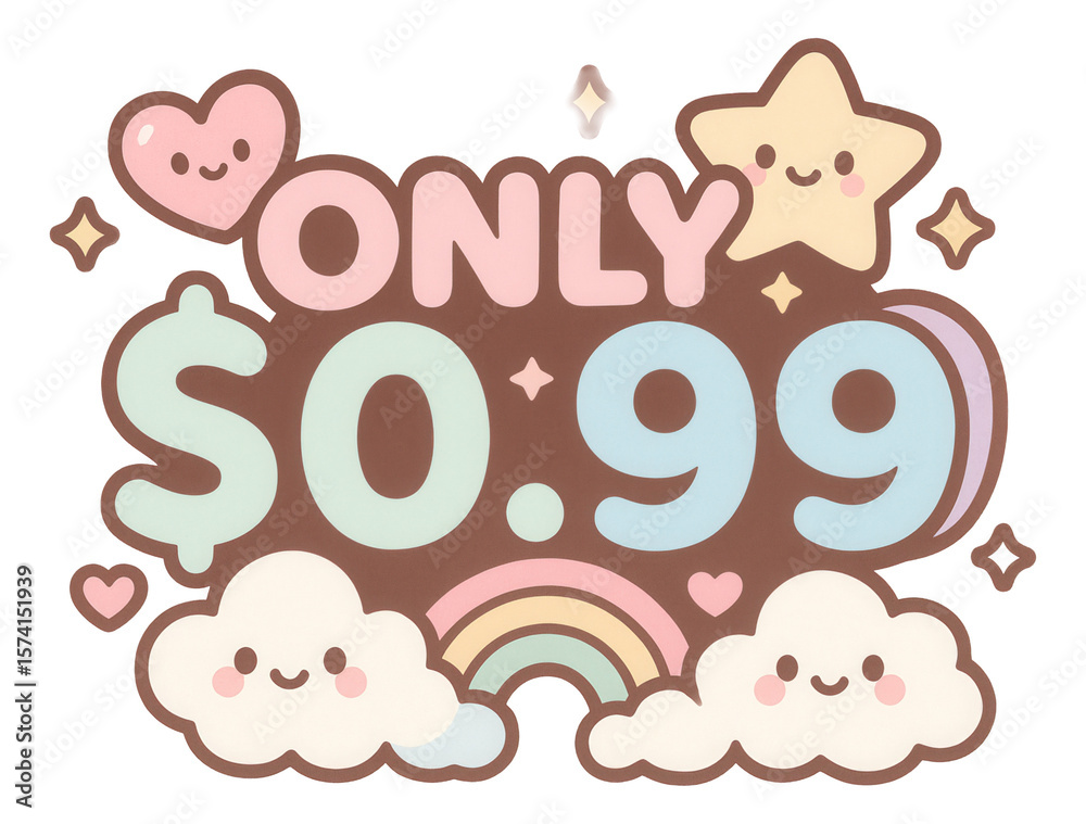 Fototapeta premium Kawaii sticker with ONLY $0.99 offer in pastel colors, adorable promo retail discount on transparent background.