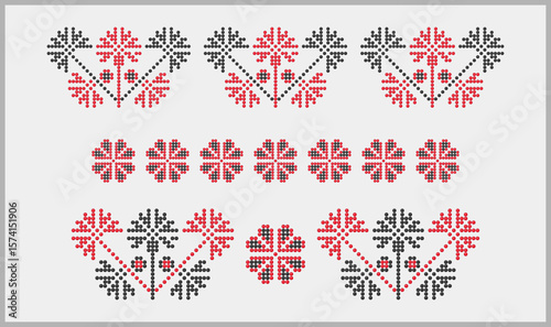 Ethnic red and black decorative ornaments set in three-dimensional beaded style, patterns from Dnipro, Ukraine