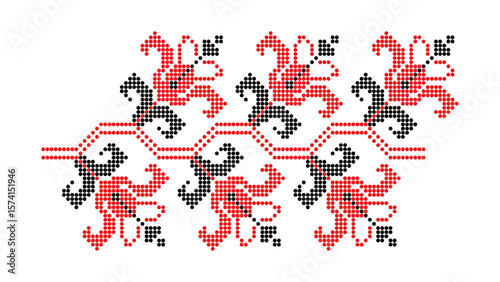 Traditional floral repeated red and black ornament in beaded style, pattern from Dnipro region of Ukraine