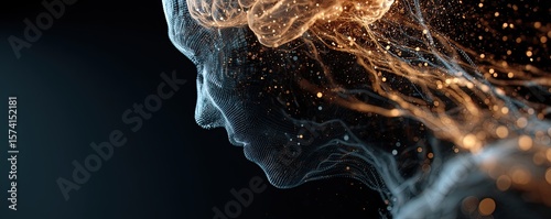 Digital artwork showcasing an ai-generated human face formed by interconnected particles, symbolizing intelligence.