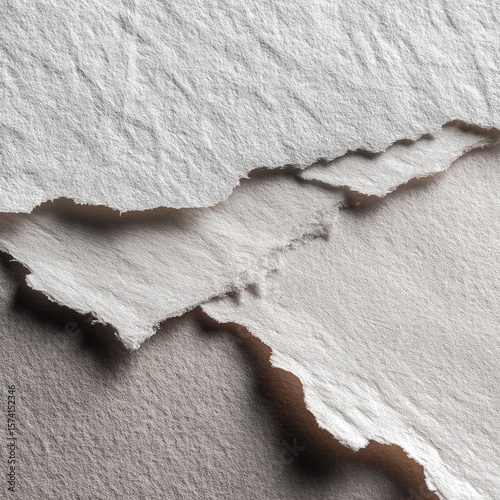 Textured, torn paper layers create a minimalist, abstract design with soft shadows.