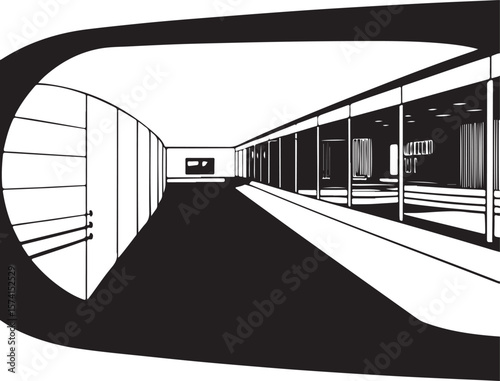 Urban metro tunnel architecture with a train speeding through the fog and light