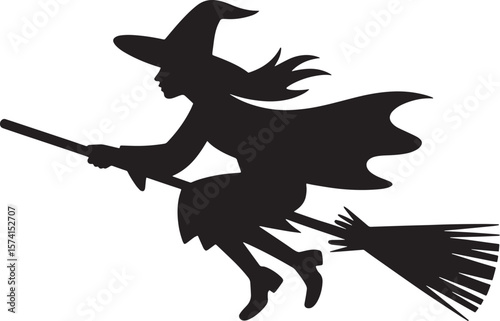 Witch flying on broomstick Halloween black silhouette vector, spooky simple silhouette design icon on white background, Halloween clipart illustration