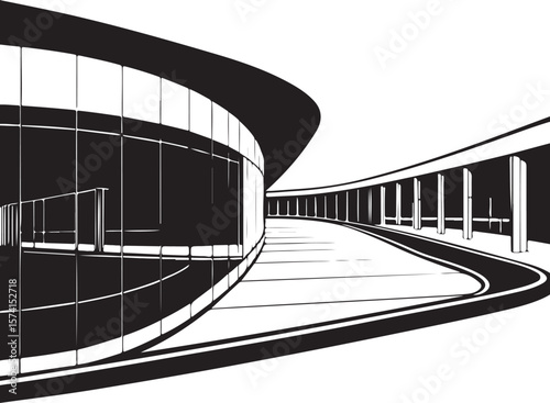 Abstract vector design of an urban tunnel with a speeding train, showcasing modern architecture and dynamic city construction