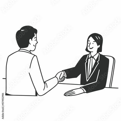 Happy young manager shaking hands with leader, feeling thankful for new job offer. Satisfied with good working results ceo executive manager praising male employee at meeting, sitting at table