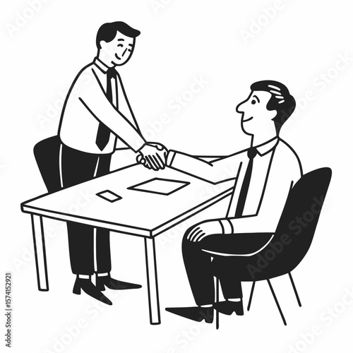 Happy young manager shaking hands with leader, feeling thankful for new job offer. Satisfied with good working results ceo executive manager praising male employee at meeting, sitting at table