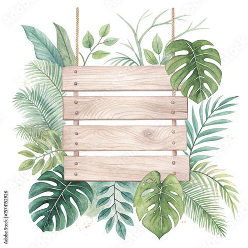 Wooden frame  summer tree clipart watercolor