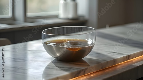Clear bowl filled with liquid on a marble countertop near a window in a bright kitchen space