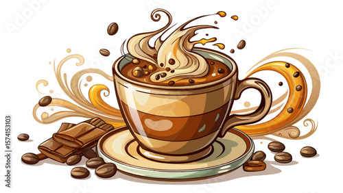Steam rises gently from a rich cappuccino in a transparent glass mug, decorated with artistic milk swirls and scattered chocolate flakes, all showcased against a clean white background.