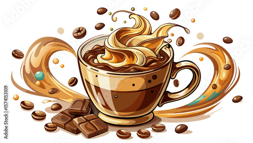 Steam rises gently from a rich cappuccino in a transparent glass mug, decorated with artistic milk swirls and scattered chocolate flakes, all showcased against a clean white background.