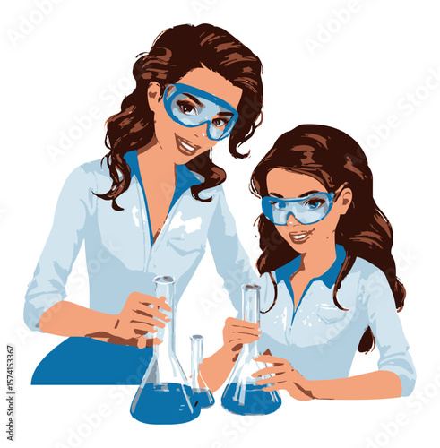 Cartoon Mother and Daughter Scientists Conducting Experiments Together