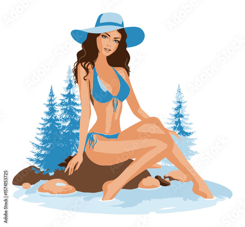 Cartoon Vector Image of Woman in Bikini Relaxing by Water and Trees