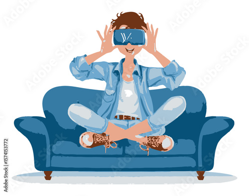 Cartoon Character Enjoying Virtual Reality on Cozy Couch Scene