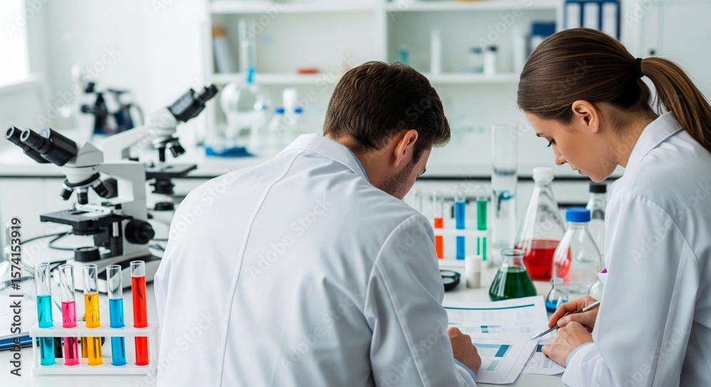 Obraz premium wo scientists in lab coats discuss printed lab results in a modern lab;highlighting collaboration and professionalism.
