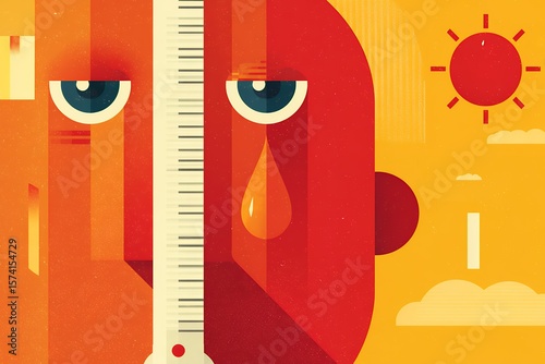 Sweating Face Under Bright Sun With Thermometer Illustrating Heat