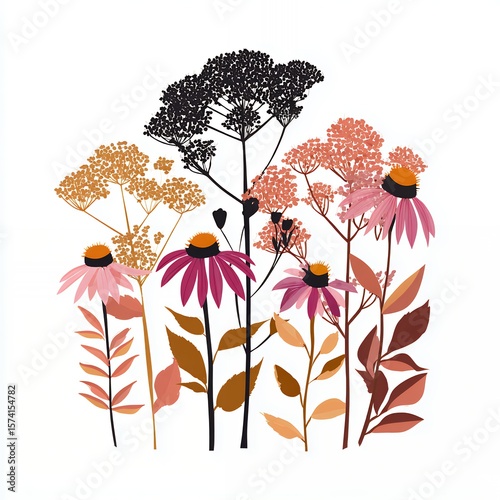 Colorful Flat Vector Illustration Featuring Elderberry and Wildflowers