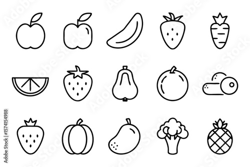 A collection of fresh produce and garden bounty featuring vibrant fruits and wholesome vegetables presented in a clean editable graphic format suitable for various design projects