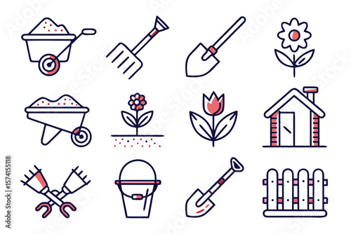 Comprehensive collection of essential gardening symbols including a wheelbarrow shovel watering can and plants perfect for landscaping and horticultural projects