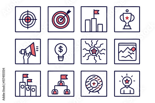 Comprehensive collection of achievement and objective symbols featuring elements like targets and success indicators rendered in a vibrant palette for diverse applications