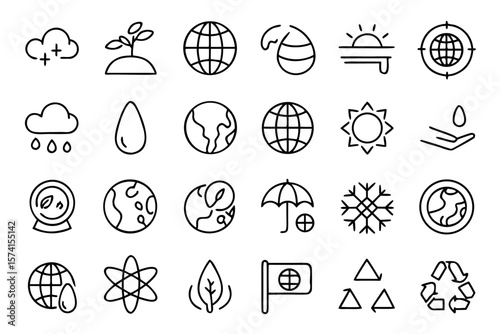 Collection of stylized line art symbols representing our planet earth featuring a green globe with ecological and environmental concepts conveyed through clean modern graphic elements