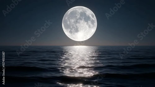 Full Moon Rising Over Ocean Horizon with Reflection on Water Surface
