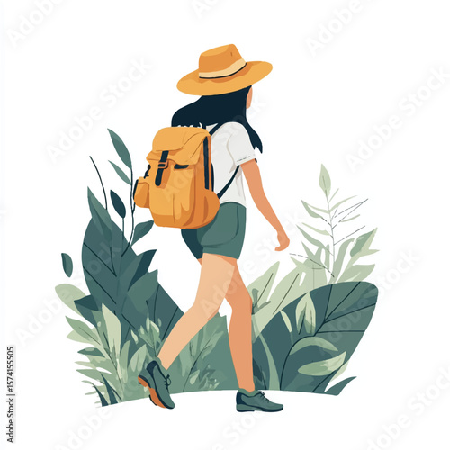 a girl hiking with sunhat and backpack