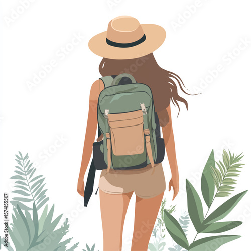 a girl hiking with sunhat and backpack