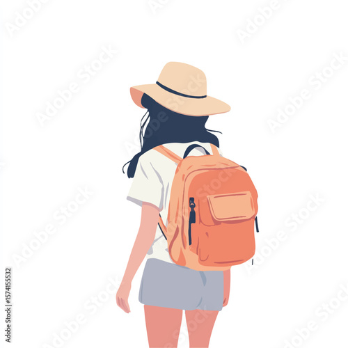 a girl hiking with sunhat and backpack
