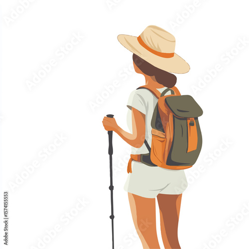 a girl hiking with sunhat and backpack