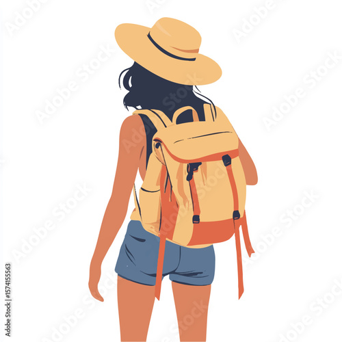 a girl hiking with sunhat and backpack