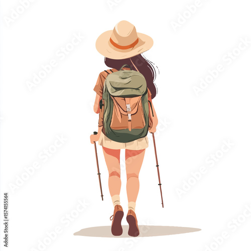 a girl hiking with sunhat and backpack