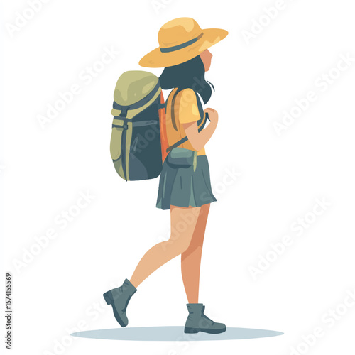 a girl hiking with sunhat and backpack