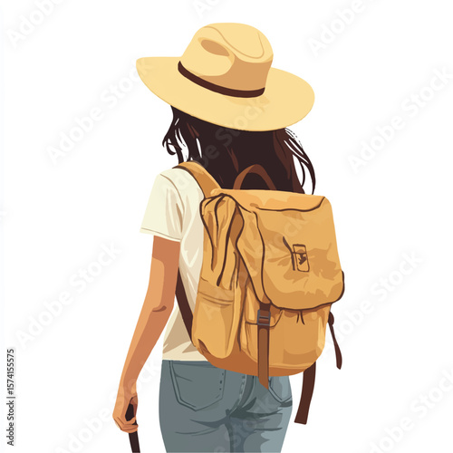 a girl hiking with sunhat and backpack