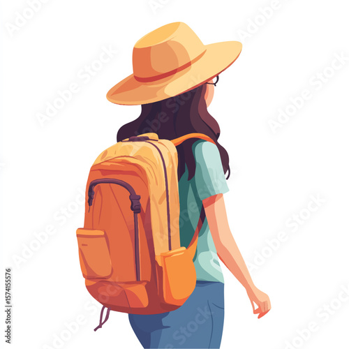 a girl hiking with sunhat and backpack