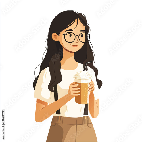 a girl holding a glass of iced latte