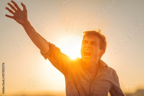 Person Gestures Forcefully Under Intense Sun During Midday