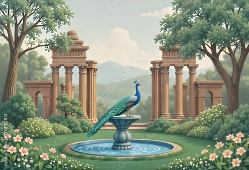 Roman Garden Vector – Ancient Fountain, Ruins, Peacock, and Flowers in Scenic Italian Landscape, Classical Illustration for Wallpaper and Miniature Wall Art