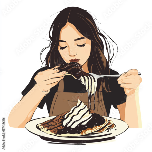 a girl eating crepe with chocolate filling