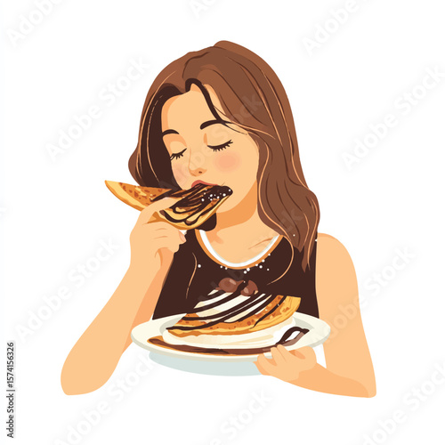 a girl eating crepe with chocolate filling