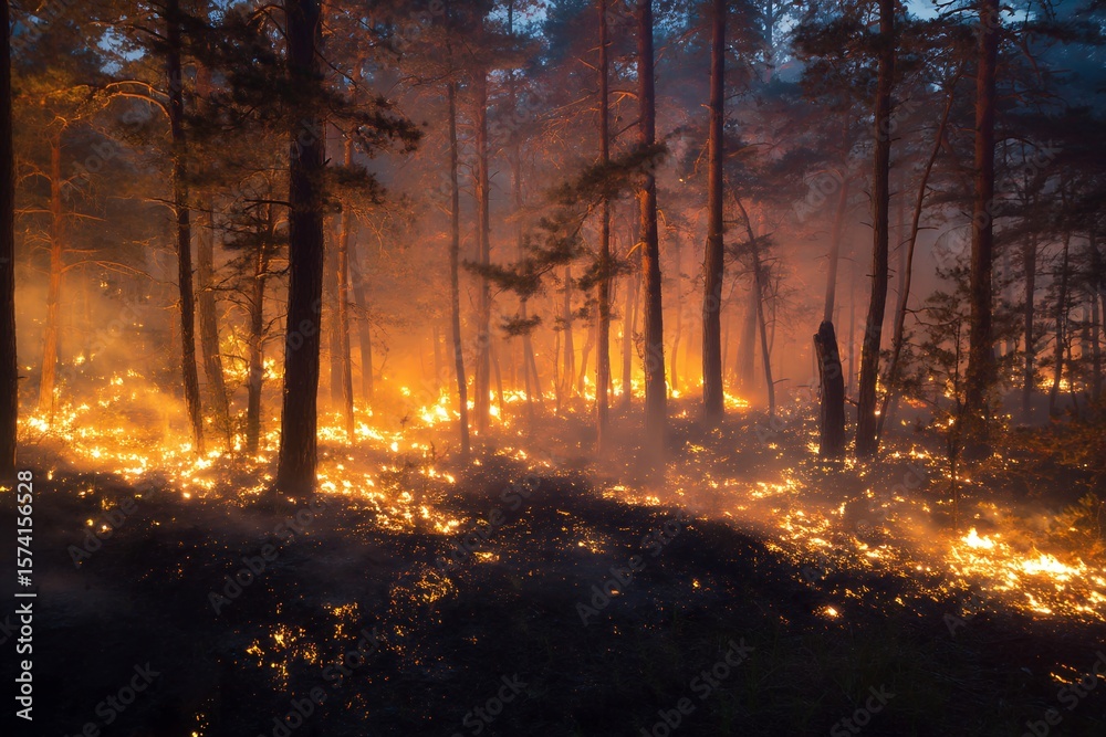 Obraz premium Wildfire Spreading Rapidly Through Dry Forest Under Twilight Sky