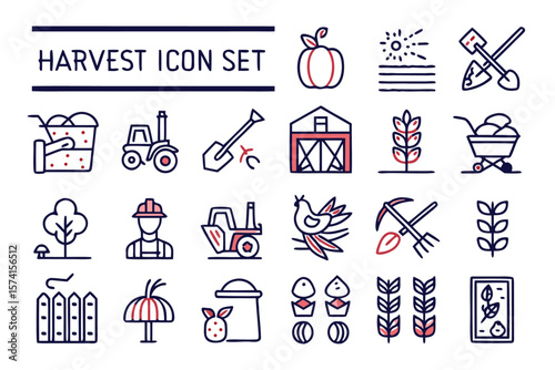Collection of linear graphical elements representing agricultural themes including cultivated land growing plants and essential farming symbols rendered in a clean modern style