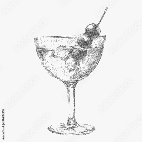 Cozy beverage, Italian style cocktail, hand drawn vintage ink sketch. Noisy gritty dot halftone texture and retro pop art stipple element for holiday menus.