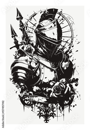 Detailed Hand-Drawn Illustration of a Knight in Armor Surrounded by Roses